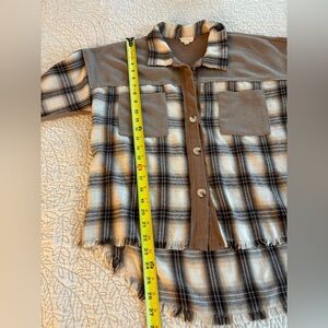 Cozy Patchwork Corduroy Flannel Button Down Shirt. Fringed Hem.